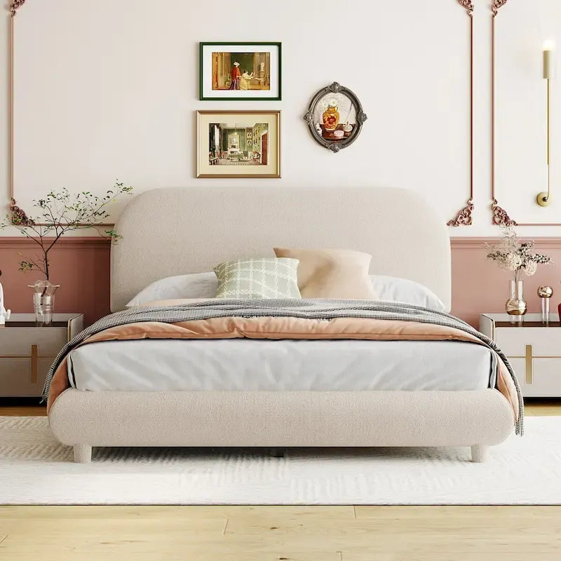 Lit plateforme capitonné pleine taille en tissu Teddy Fleece avec tissu épais