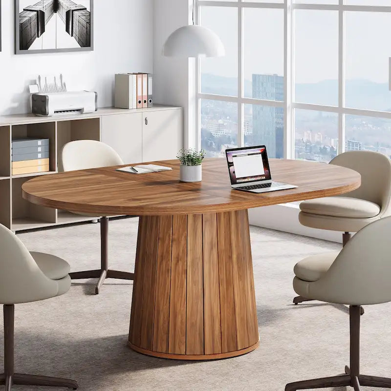 Table de conférence ovale en bois marron de 140 cm avec base en bois pour 6 personnes - N/A