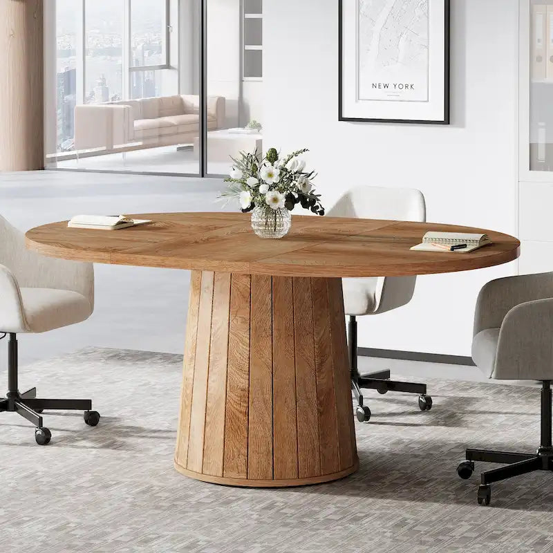 Table de conférence ovale en bois marron de 140 cm avec base en bois pour 6 personnes - N/A