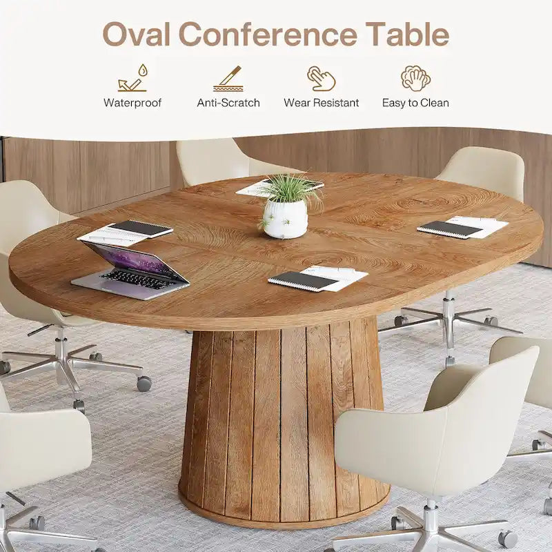 Table de conférence ovale en bois marron de 140 cm avec base en bois pour 6 personnes - N/A