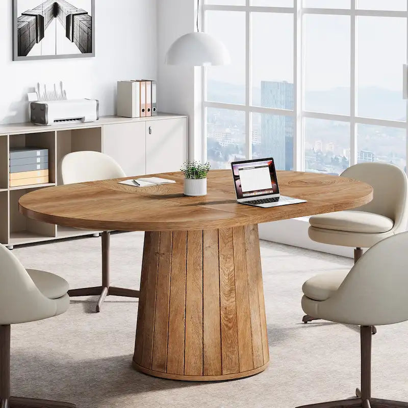 Table de conférence ovale en bois marron de 140 cm avec base en bois pour 6 personnes - N/A