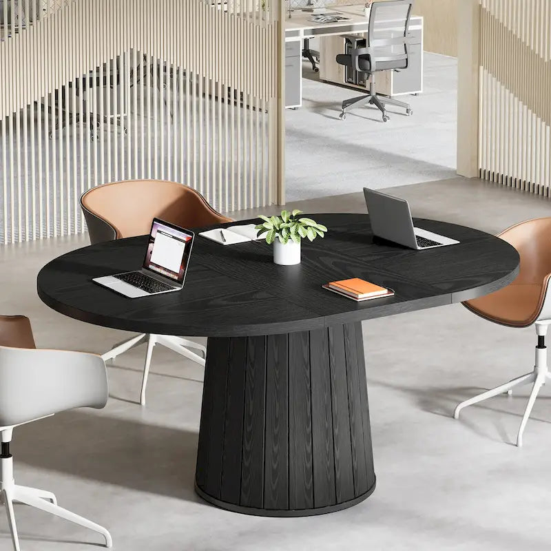 Table de conférence ovale en bois marron de 140 cm avec base en bois pour 6 personnes - N/A