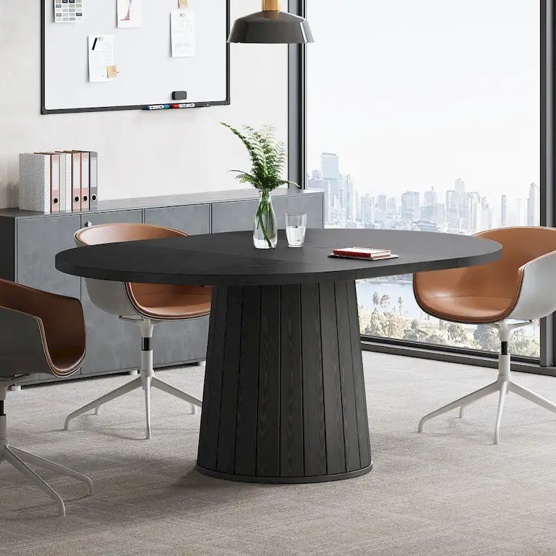Table de conférence ovale en bois marron de 140 cm avec base en bois pour 6 personnes - N/A