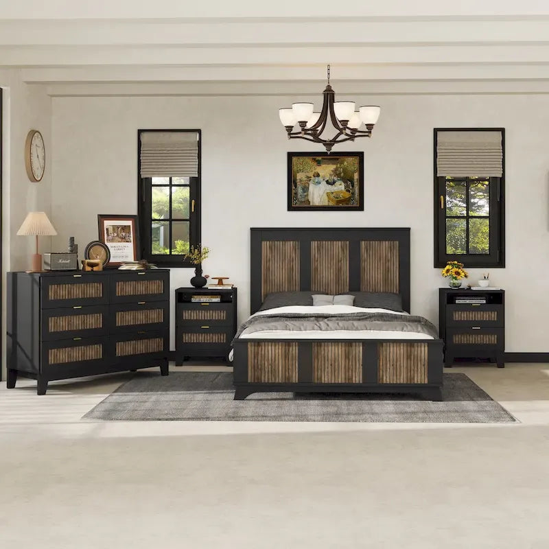Ensembles de chambre à 4 pièces, lit plateforme de ferme double avec décoration à rayures en bois, table de chevet et commode de rangement