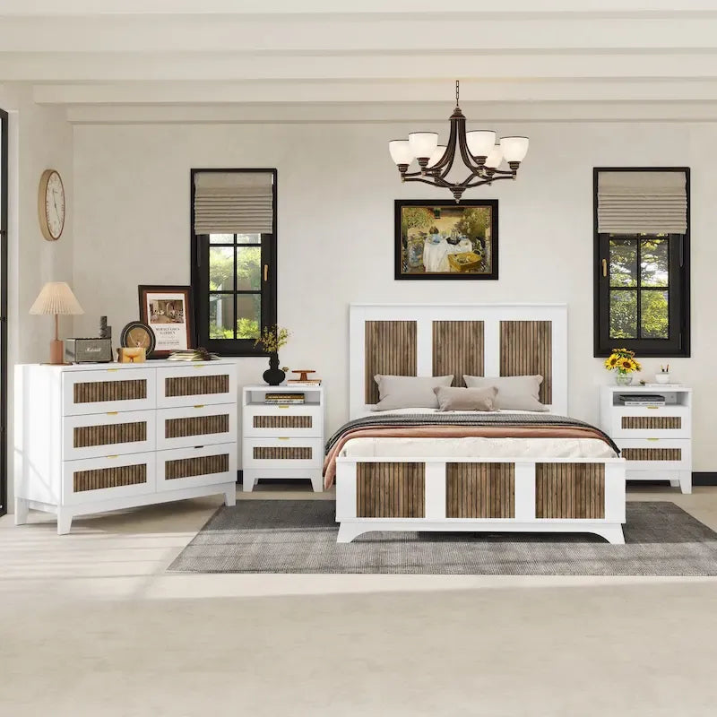 Ensembles de chambre à 4 pièces, lit plateforme de ferme double avec décoration à rayures en bois, table de chevet et commode de rangement