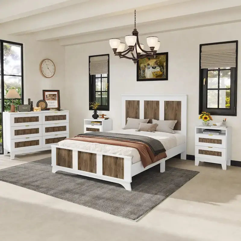Ensembles de chambre à 4 pièces, lit plateforme de ferme double avec décoration à rayures en bois, table de chevet et commode de rangement