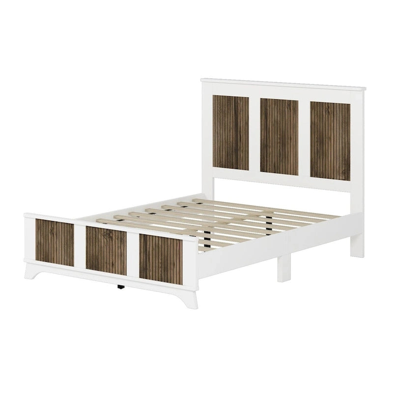 Ensembles de chambre à 4 pièces, lit plateforme de ferme double avec décoration à rayures en bois, table de chevet et commode de rangement