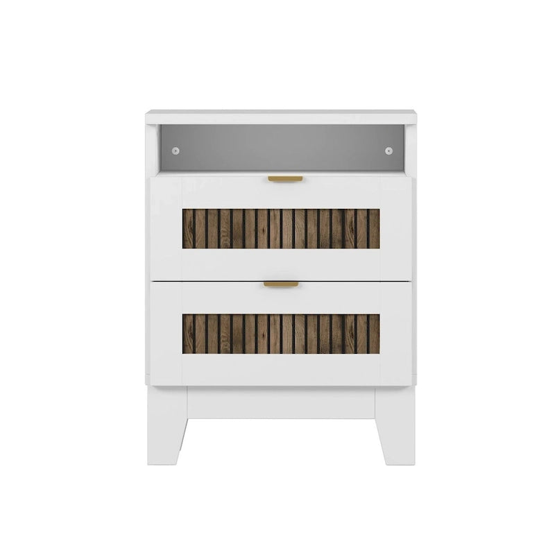 Ensembles de chambre à 4 pièces, lit plateforme de ferme double avec décoration à rayures en bois, table de chevet et commode de rangement