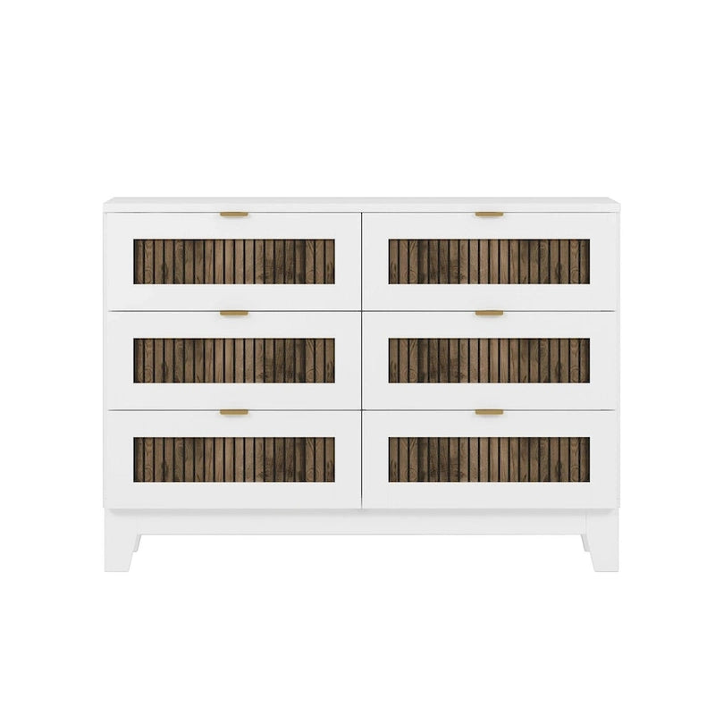 Ensembles de chambre à 4 pièces, lit plateforme de ferme double avec décoration à rayures en bois, table de chevet et commode de rangement
