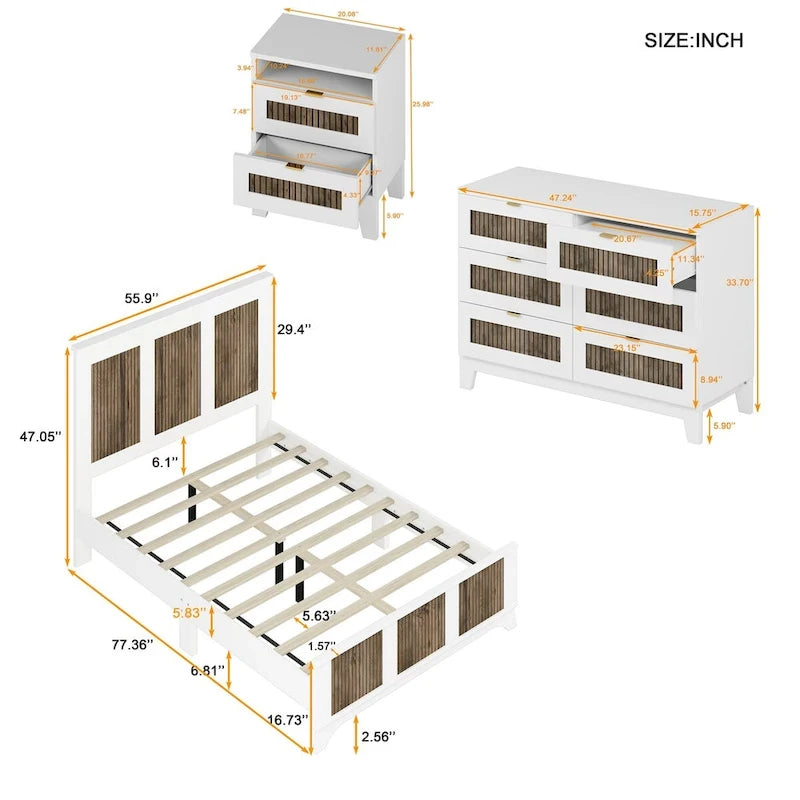 Ensembles de chambre à 4 pièces, lit plateforme de ferme double avec décoration à rayures en bois, table de chevet et commode de rangement