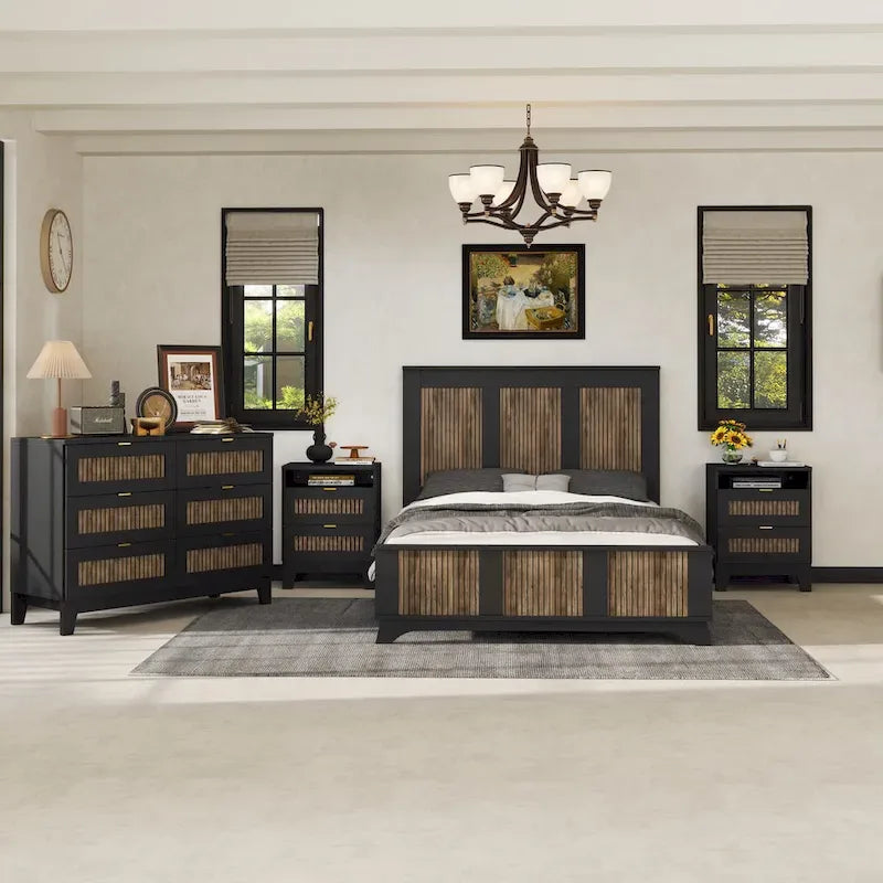 Ensembles de chambre à 4 pièces, lit plateforme de ferme double avec décoration à rayures en bois, table de chevet et commode de rangement