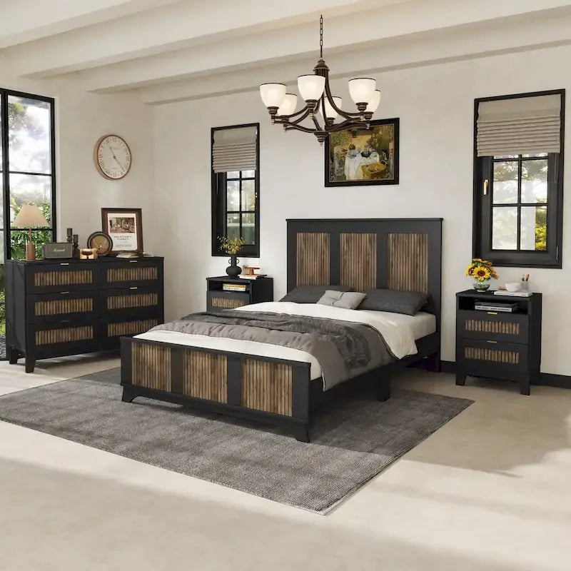 Ensembles de chambre à 4 pièces, lit plateforme de ferme double avec décoration à rayures en bois, table de chevet et commode de rangement