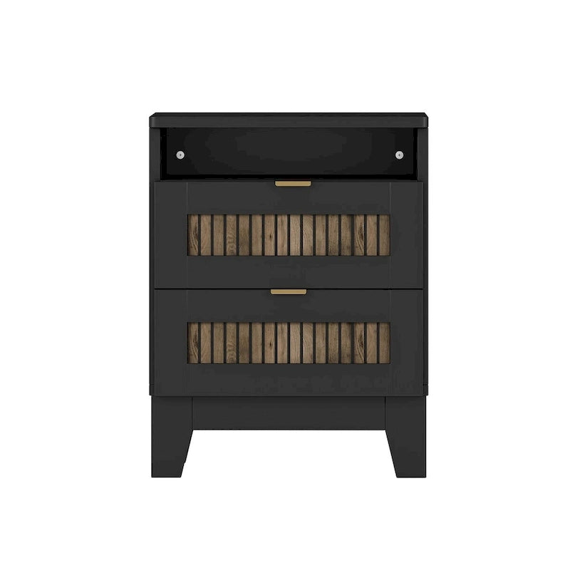 Ensembles de chambre à 4 pièces, lit plateforme de ferme double avec décoration à rayures en bois, table de chevet et commode de rangement