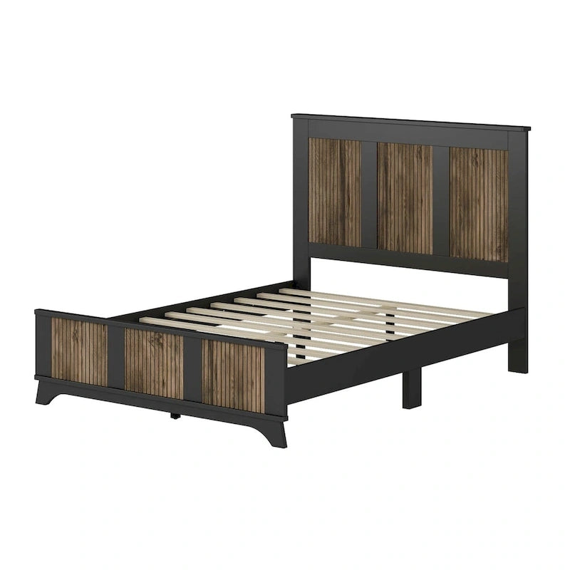 Ensembles de chambre à 4 pièces, lit plateforme de ferme double avec décoration à rayures en bois, table de chevet et commode de rangement