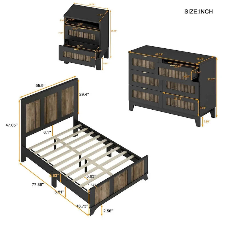 Ensembles de chambre à 4 pièces, lit plateforme de ferme double avec décoration à rayures en bois, table de chevet et commode de rangement