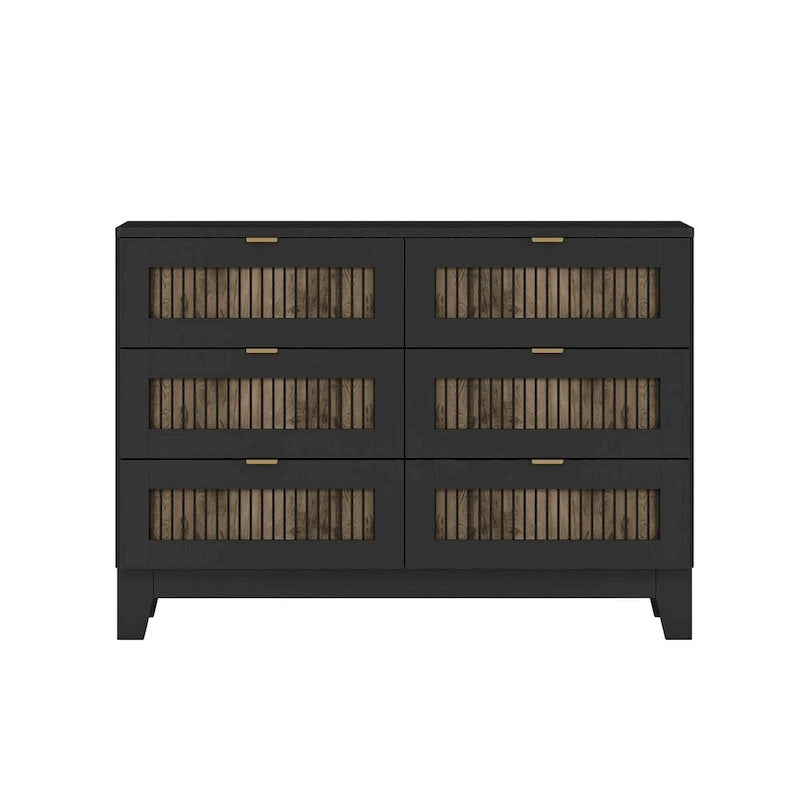 Ensembles de chambre à 4 pièces, lit plateforme de ferme double avec décoration à rayures en bois, table de chevet et commode de rangement