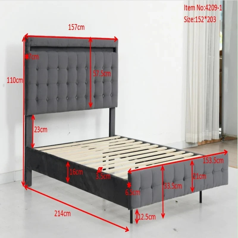 Cadre de lit flottant Queen Size avec lumières LED, tête et pied de lit rembourrés, plateforme de lit