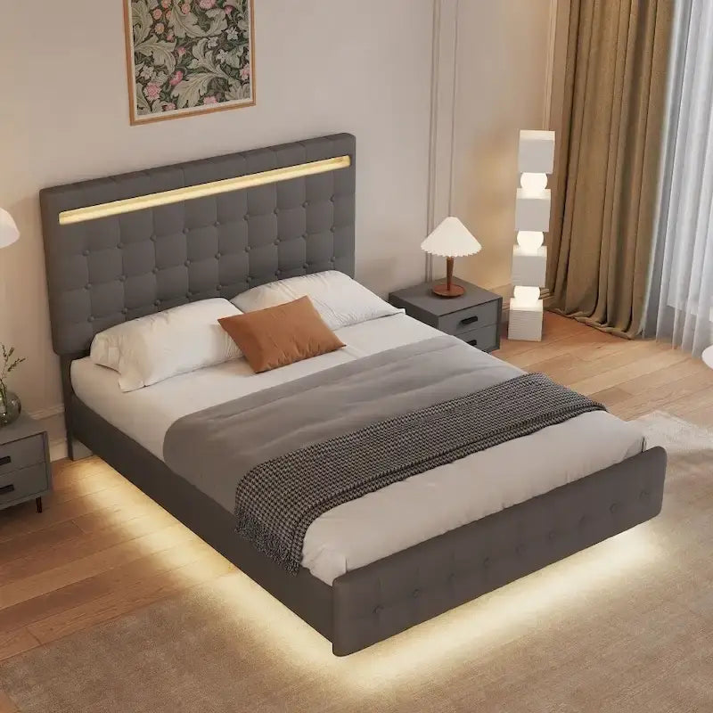 Cadre de lit flottant Queen Size avec lumières LED, tête et pied de lit rembourrés, plateforme de lit