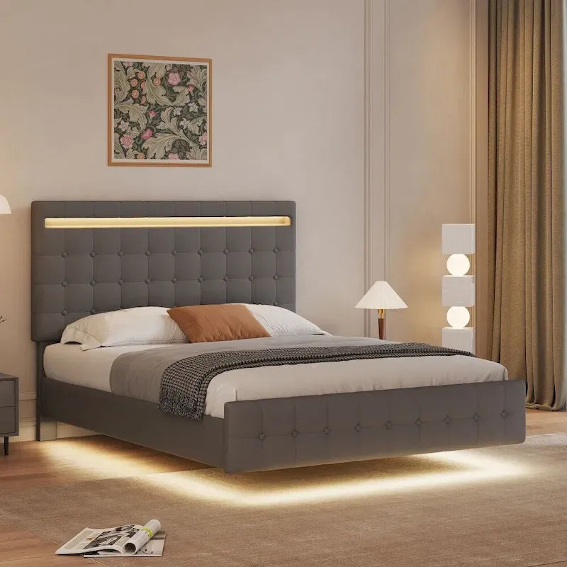 Cadre de lit flottant Queen Size avec lumières LED, tête et pied de lit rembourrés, plateforme de lit