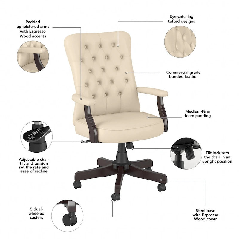 Fauteuil de bureau capitonné à dossier haut Cabot avec accoudoirs de Bush Furniture