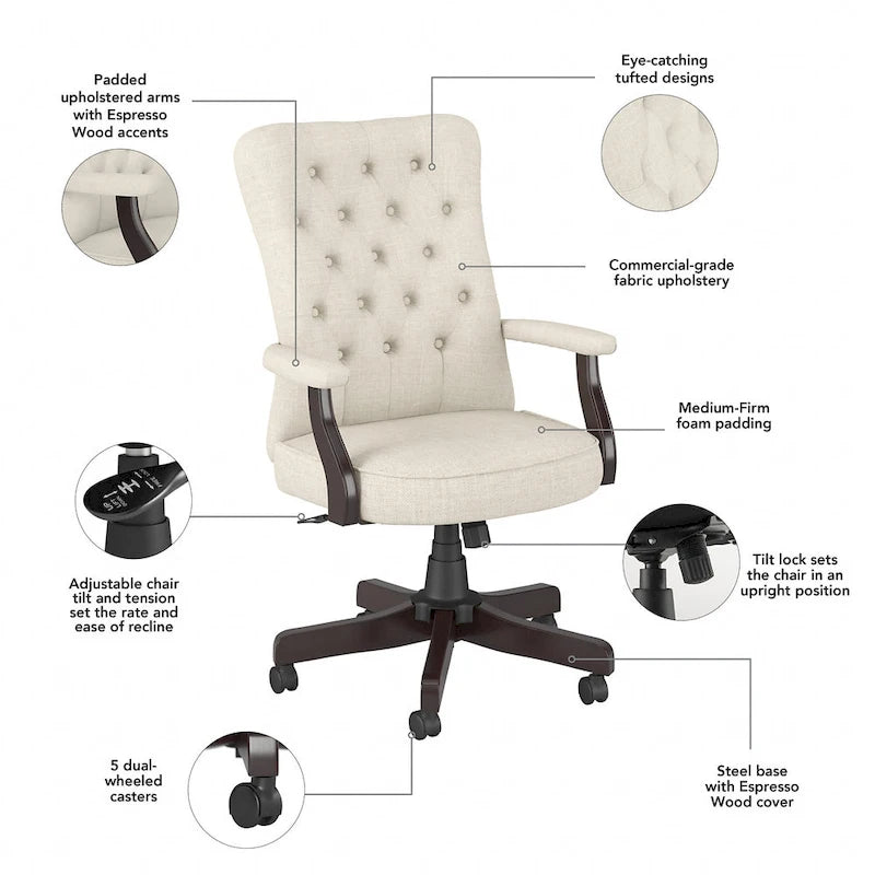 Fauteuil de bureau capitonné à dossier haut Cabot avec accoudoirs de Bush Furniture